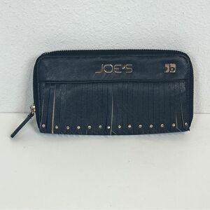 Joe’s Jeans Black Leather Fringe Zip Around Wallet Clutch